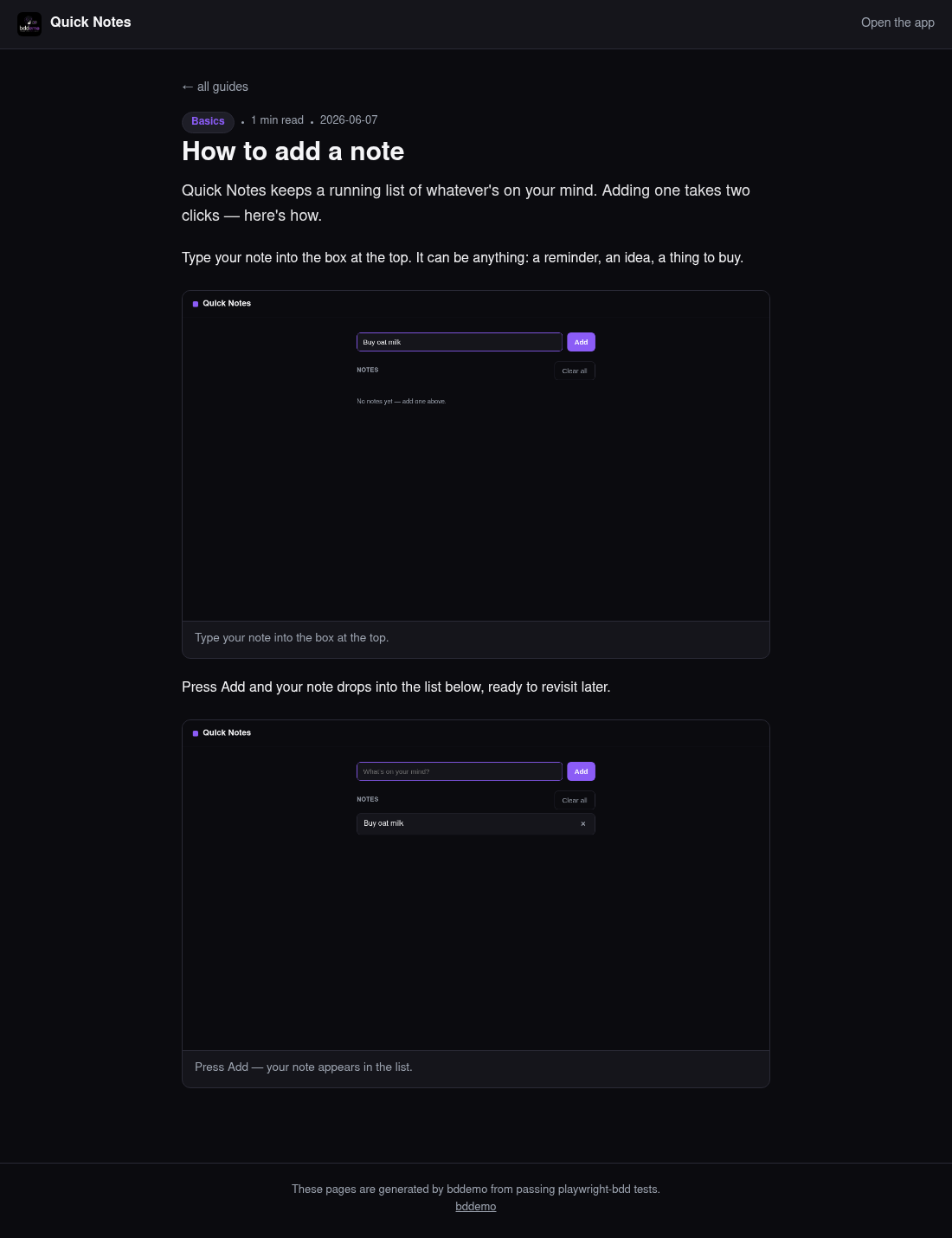 How to add a note — every screenshot here is a byproduct of the passing test.