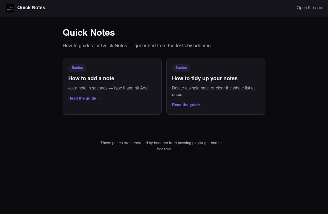 The generated index — one card per how-to guide, all from the feature files.